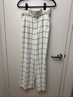 Express Cream Wide-Leg Paperbag Pants with Black Windowpane Plaid